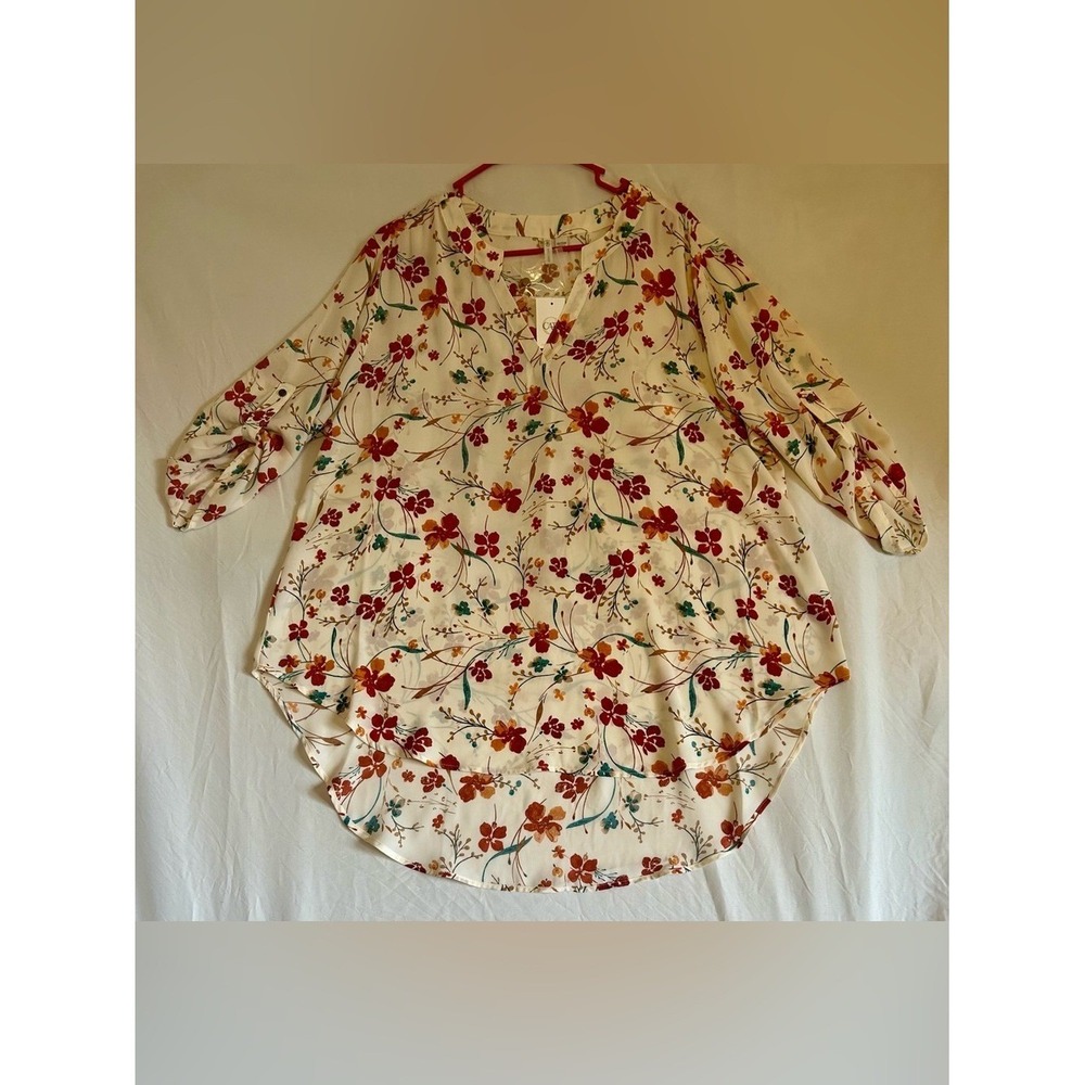 Cato Cream Floral V-Neck Tunic‎ with Red & Orange Blooms